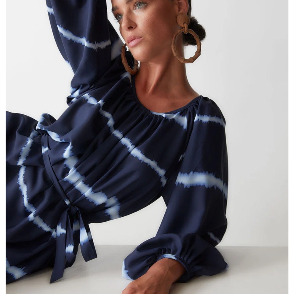 Natori Blue Tie-Dye Blouson Top w/Tie Belt Bohemian Blouse, Size XS, EUC